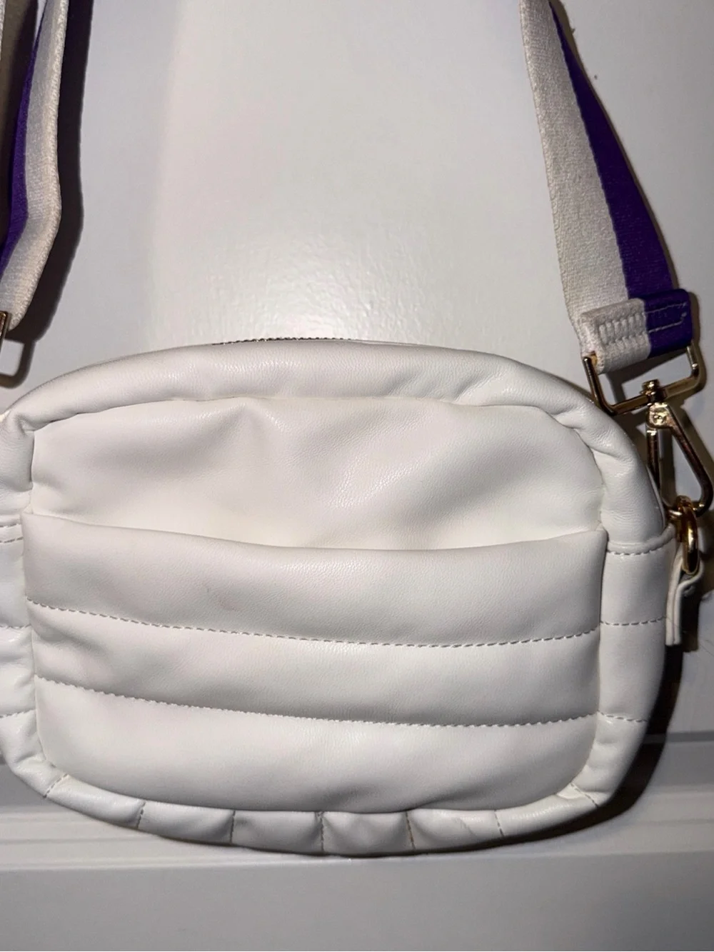 White Quilted Crossbody Bag with Contrast Purple-Trim Strap